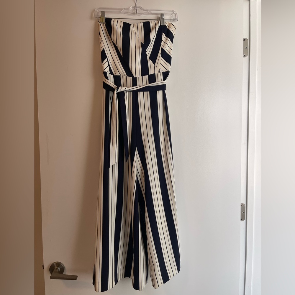 Strapless sweetheart navy and white jumpsuit with belt and side zipper